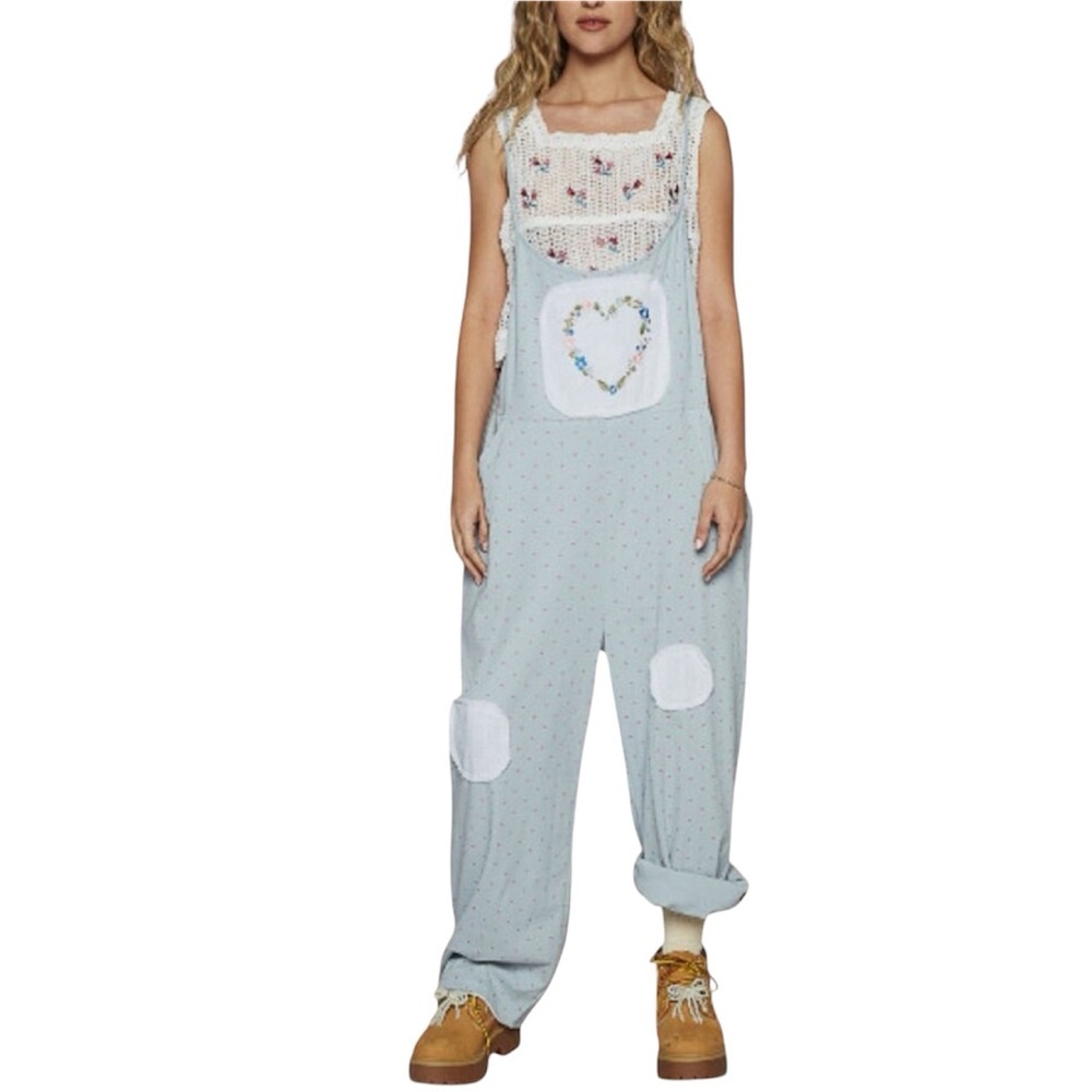 POL JUMPSUIT AND RIBBED PATCHWORK DETAILS WITH POCKETS IN POWDER BLUE SZ LARGE - Picture 4 of 8